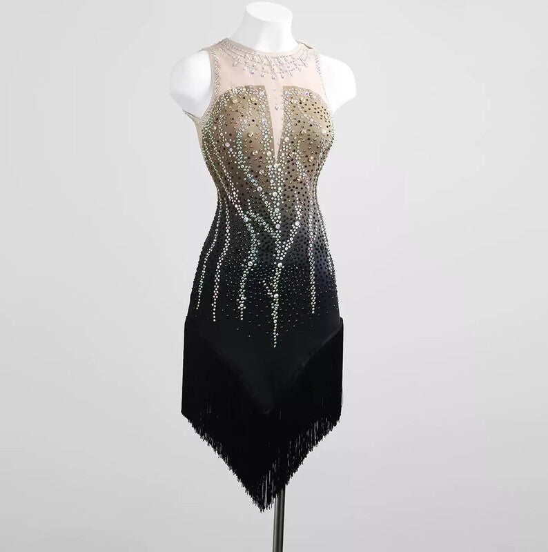 Black latin salsa dance dress with illusion yoke, silver crystal drip stoning and fringe hem, front view