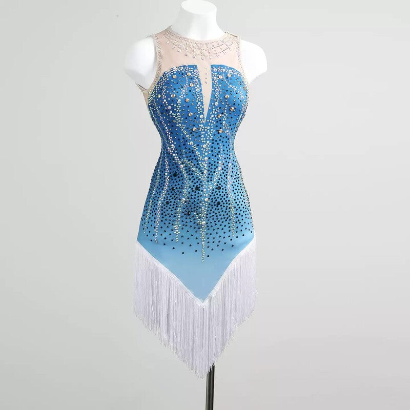 Light blue latin salsa dance dress with nude illusion bodice, rhinestones and ivory tassel skirt, front view