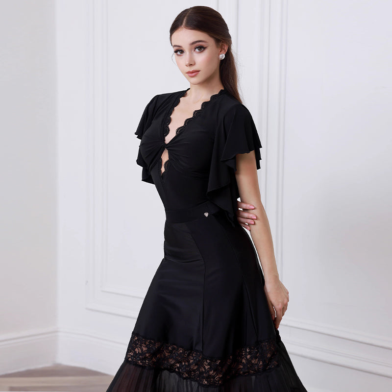 Ballroom Dance Leotard Twist Front Flutter Sleeve Bodysuit, view 2