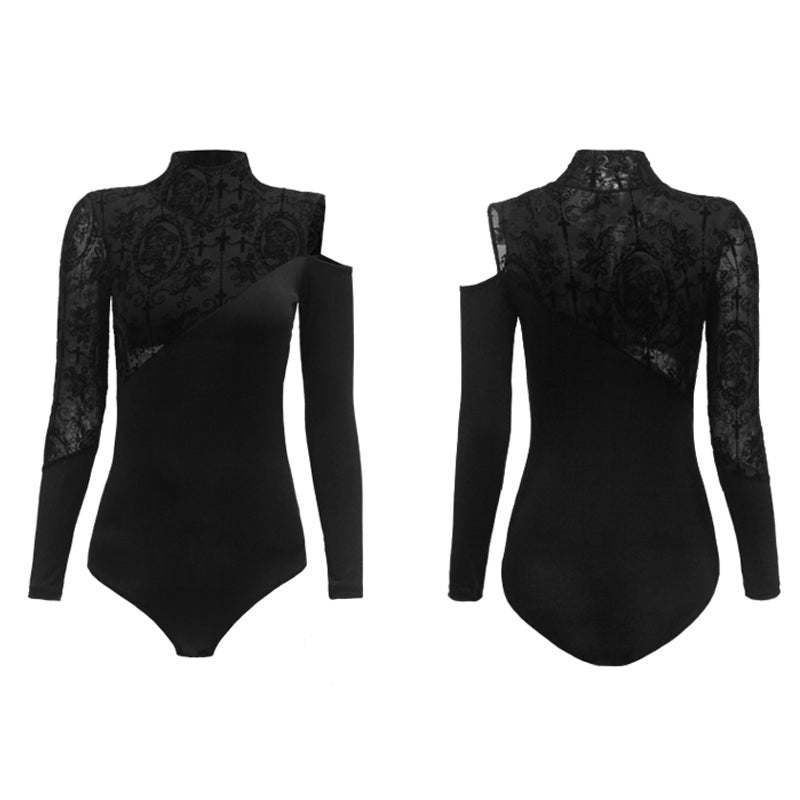 Latin Dance Leotard Flocked Lace Cold Shoulder Mock Neck Bodysuit, view 3