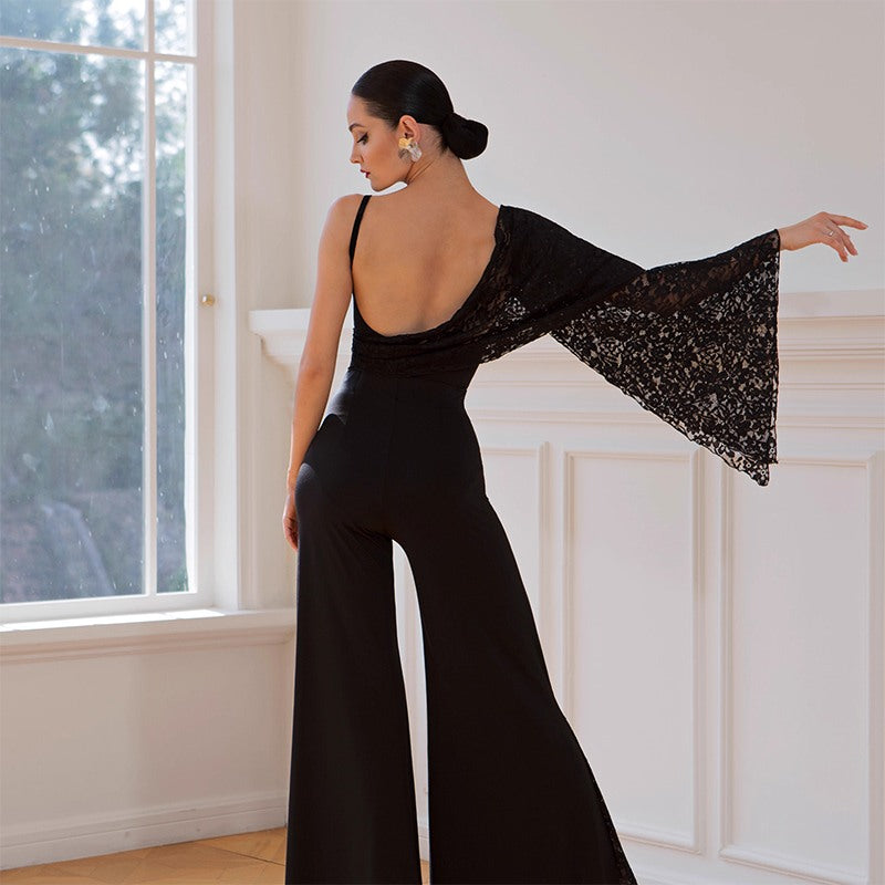 Ballroom Dance Leotard One Shoulder Lace Bell Sleeve Bodysuit, view 8