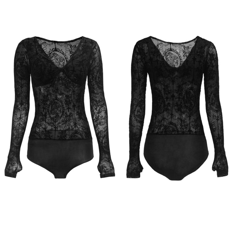 Latin Dance Leotard Flocked Lace Twist Front Long Sleeve Bodysuit, view 5