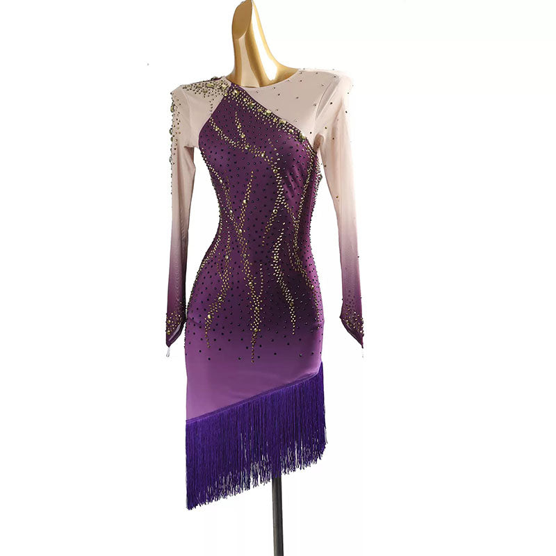 Purple illusion sleeve gradient dress, front view from the other side
