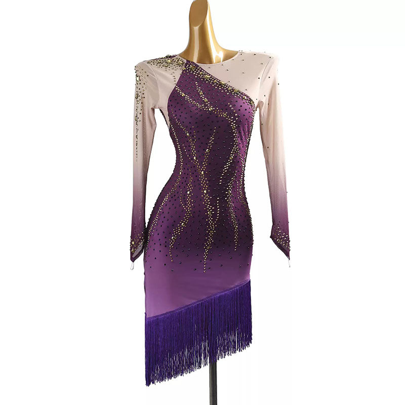 Purple illusion sleeve gradient dress, angled front view on mannequin