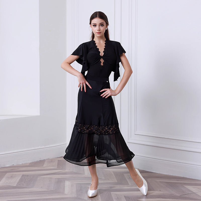 Ballroom Dance Leotard Twist Front Flutter Sleeve Bodysuit, view 3