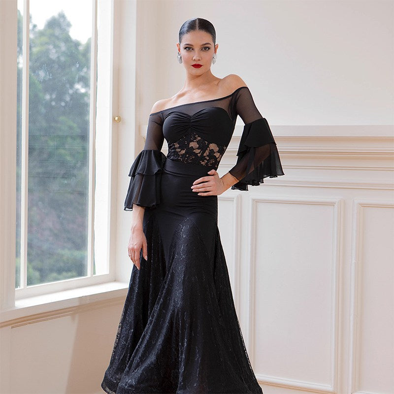 Ballroom Dance Leotard Mesh Yoke Double Flounce Sleeve Bodysuit, view 4