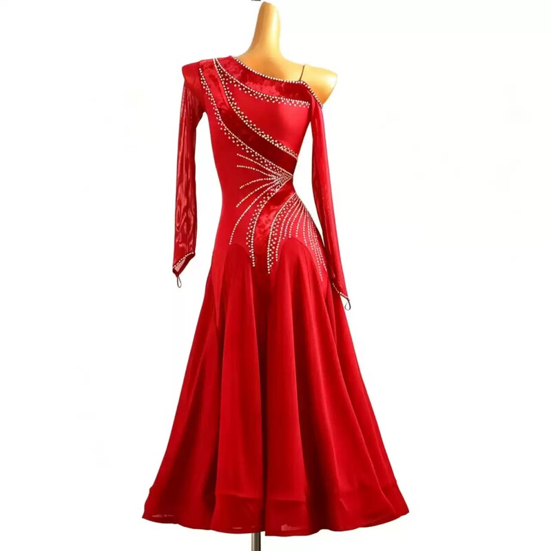 Red one sleeve ballroom dance dress, back view on mannequin
