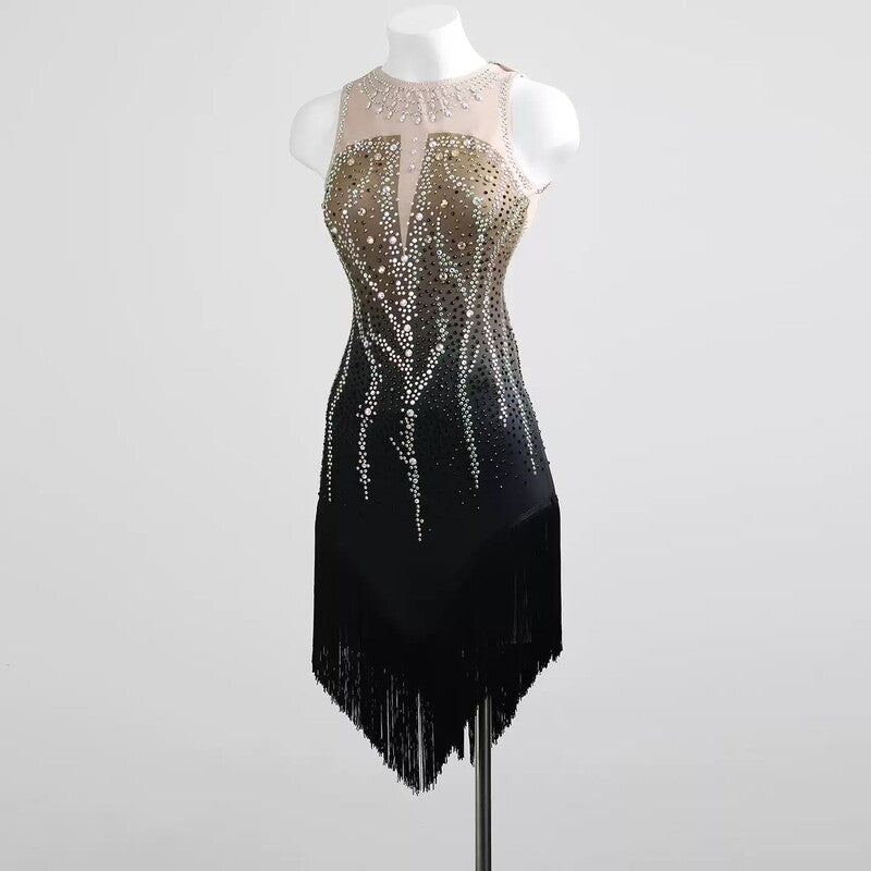 Black illusion yoke crystal drip dress, front view from the other side