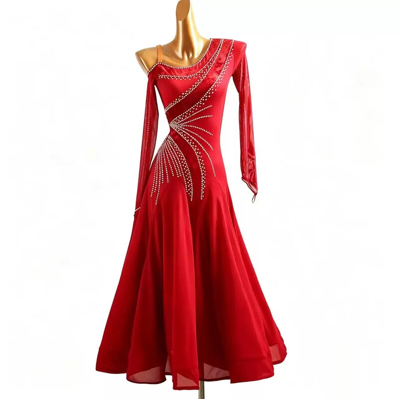 Red ballroom dance dress with one long sleeve, crystal swirl bodice and float skirt, front view