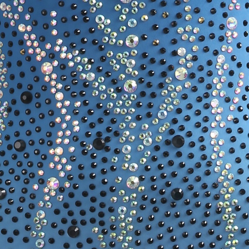 Close-up of the mixed rhinestones on the blue bodice