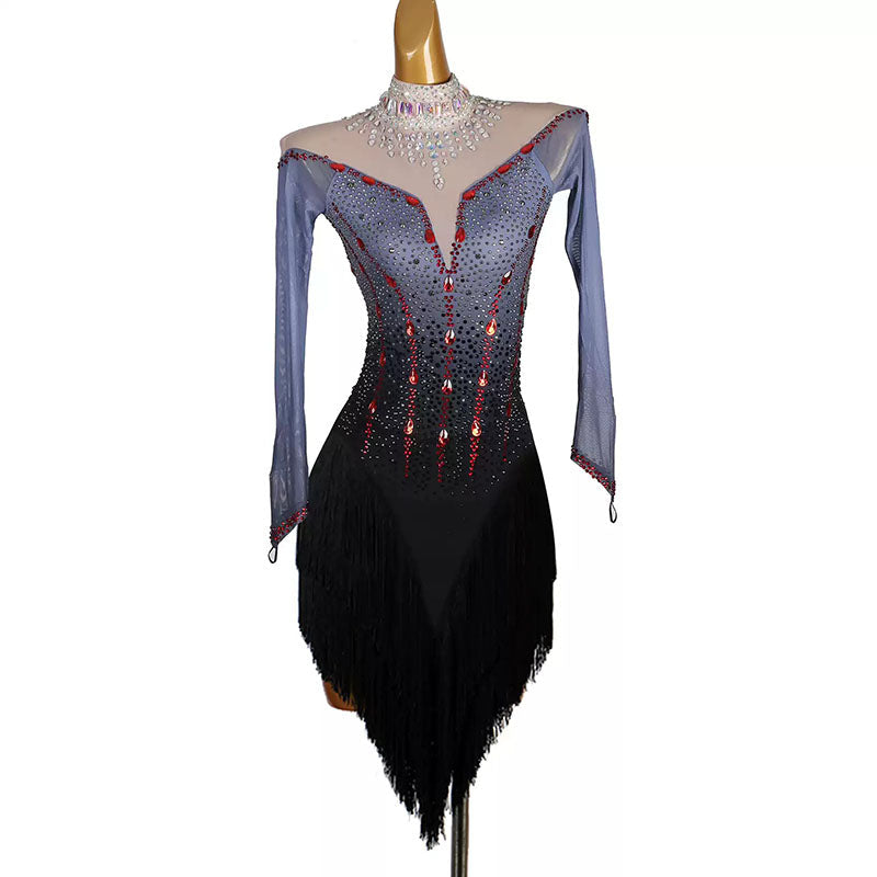 Black latin salsa dance dress with illusion long sleeves, red crystal drops and fringe skirt, front view