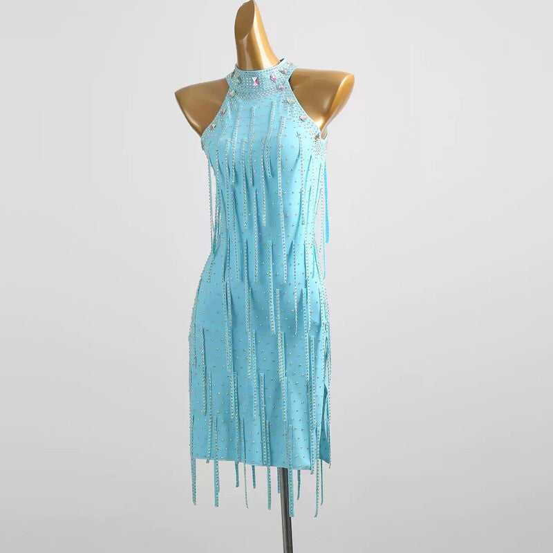 Aqua blue halter tassel dress, side view on mannequin