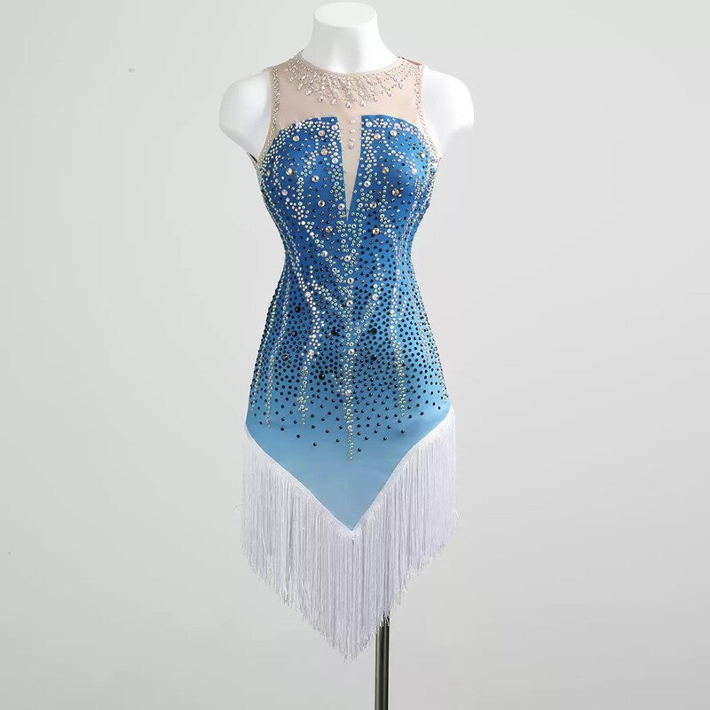 Light blue illusion bodice tassel dress, angled front view on mannequin