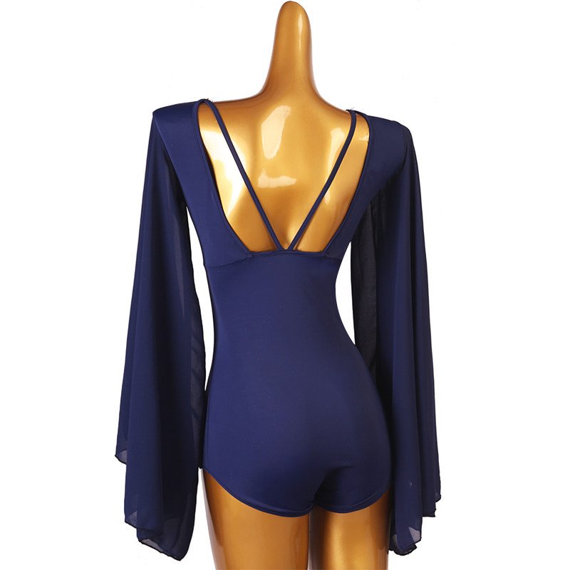 Ballroom Dance Leotard Flowing Float Sleeve Deep V Back Bodysuit in Navy, back view