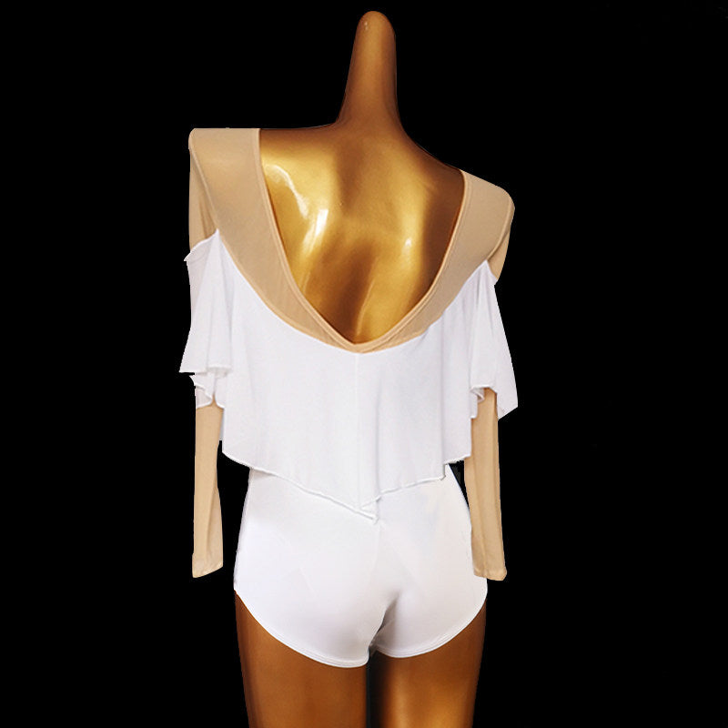 Ballroom Dance Leotard Ruffle Bardot Deep V Back Bodysuit in White, back view