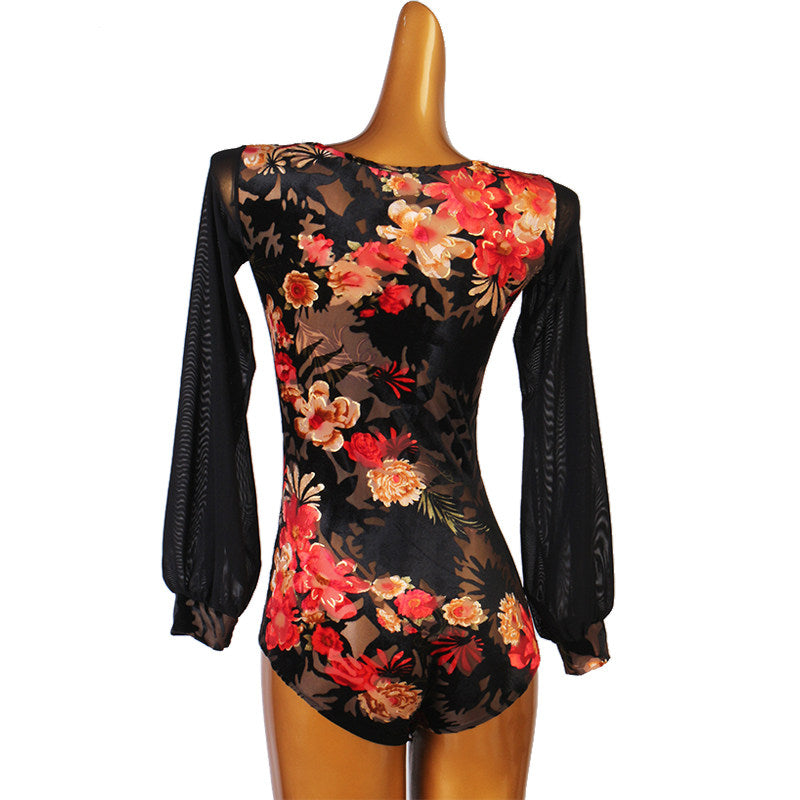 Ballroom Dance Leotard Floral Velvet Sweetheart Bow Bodysuit in Black Floral, back view