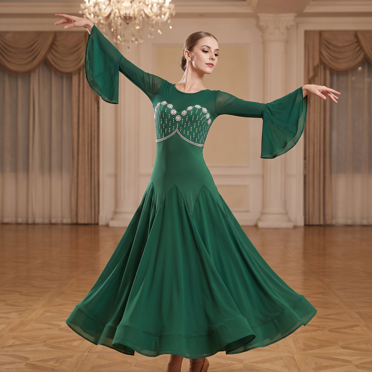 Green ballroom dress worn by a dancer in a ballroom, full length front view
