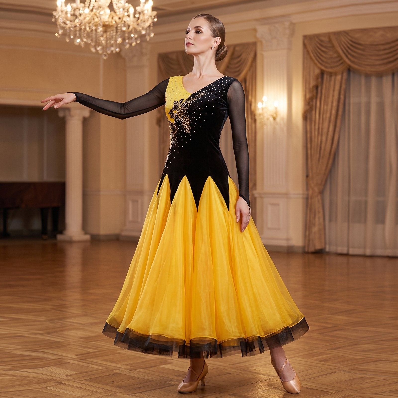 Yellow ballroom dress worn by a dancer in a ballroom, full length front view