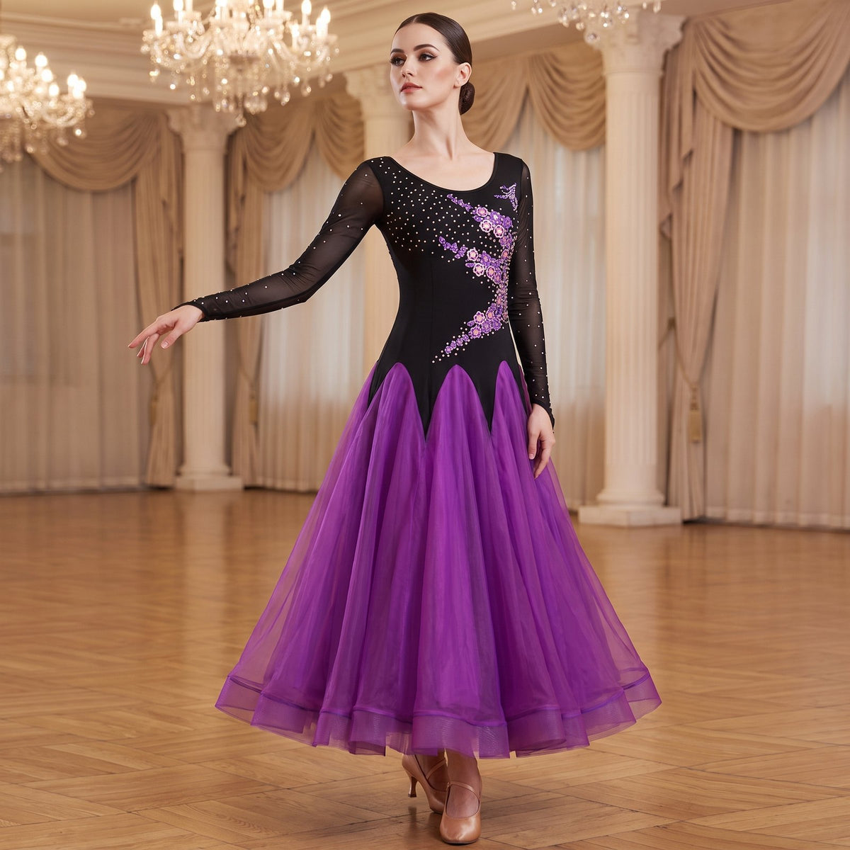 Purple ballroom dress worn by a dancer in a ballroom, full length front view