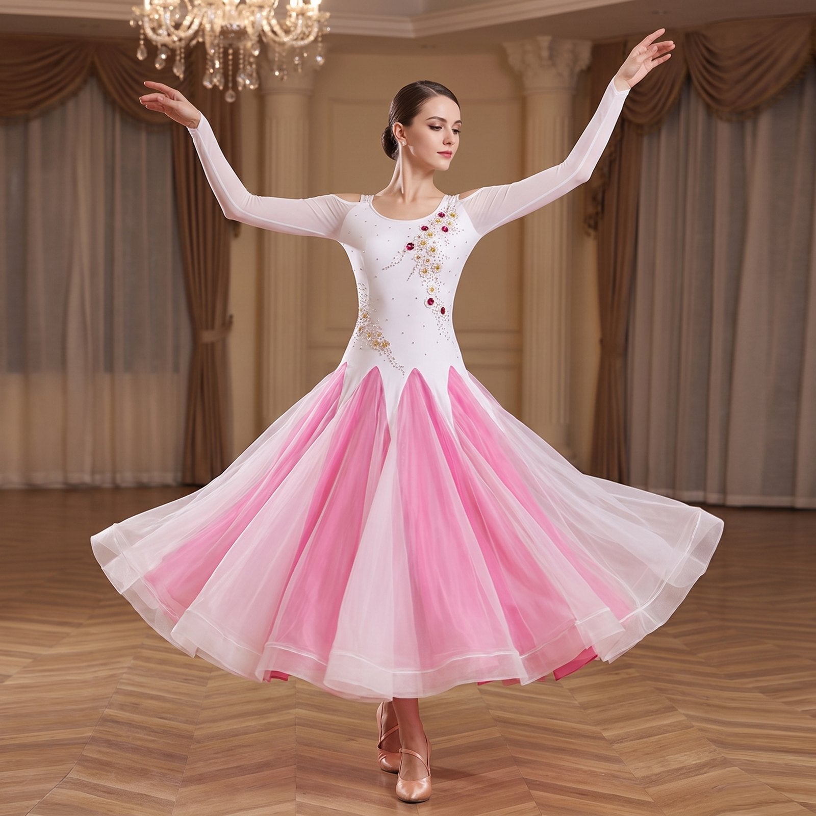 Pink ballroom dress worn by a dancer in a ballroom, full length front view