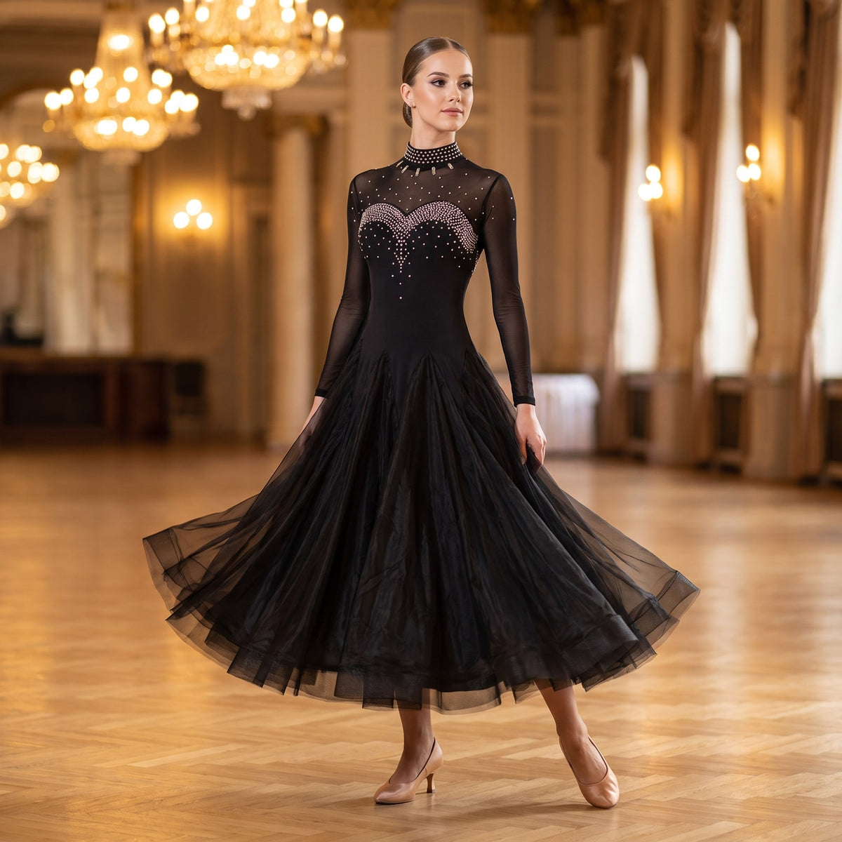 Black high neck ballroom dance dress with a rhinestone collar and full layered tulle skirt