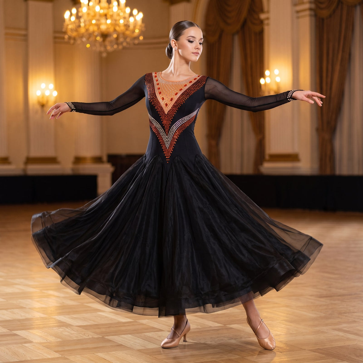 Black ballroom dance dress with a rhinestone V panel on the bodice and full swing skirt