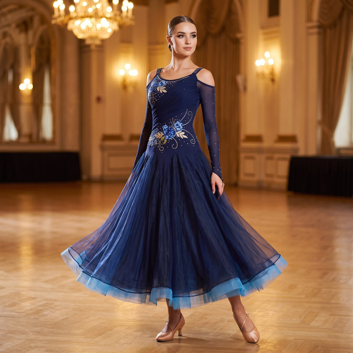 Navy ballroom dance dress with floral embroidery and cold shoulder sleeves in a ballroom
