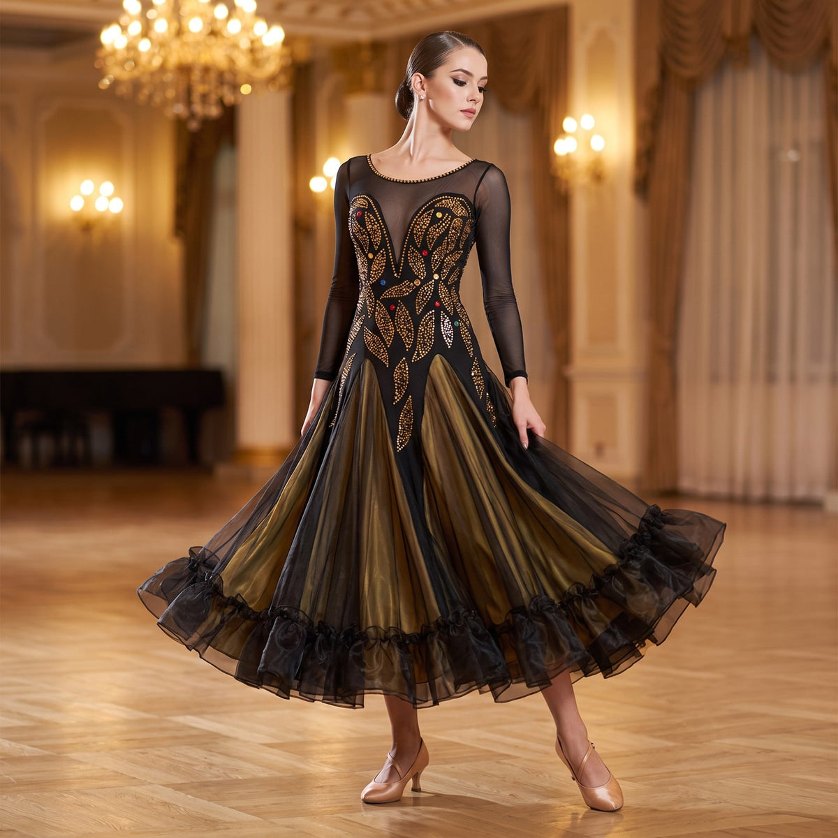 Black and gold ballroom dance dress with lace applique on the bodice and a ruffled hem