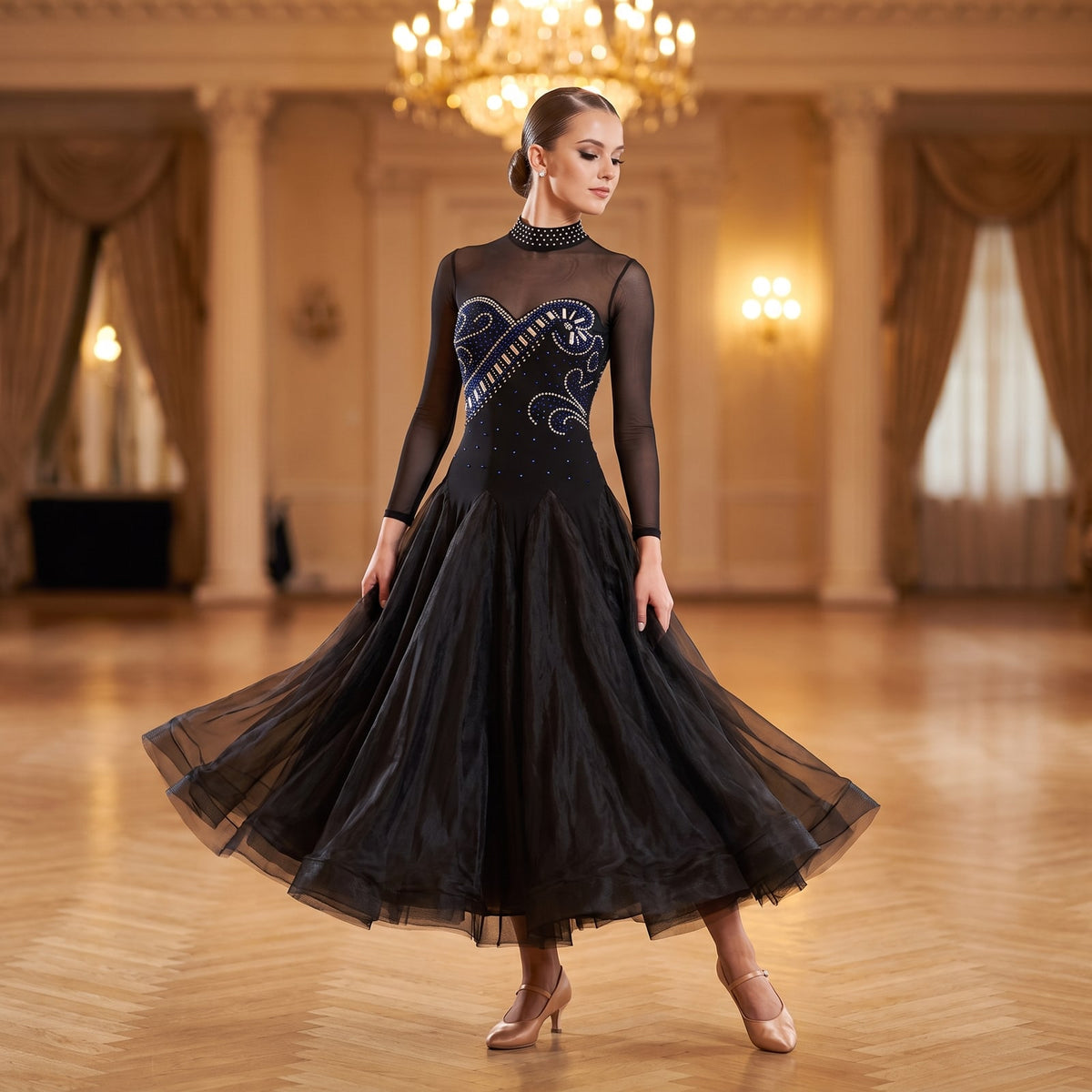 Black ballroom dance dress with silver swirl embroidery and a high mesh neckline