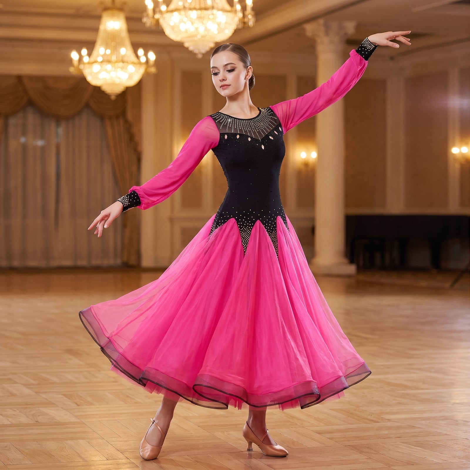 Hot pink and black ballroom dress with a rhinestone velvet bodice and bishop sleeves