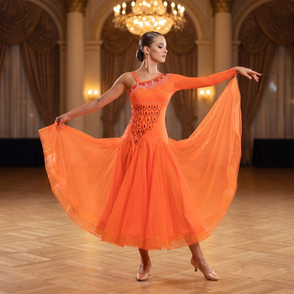 Orange ballroom dance dress with a beaded asymmetric bodice and full chiffon skirt
