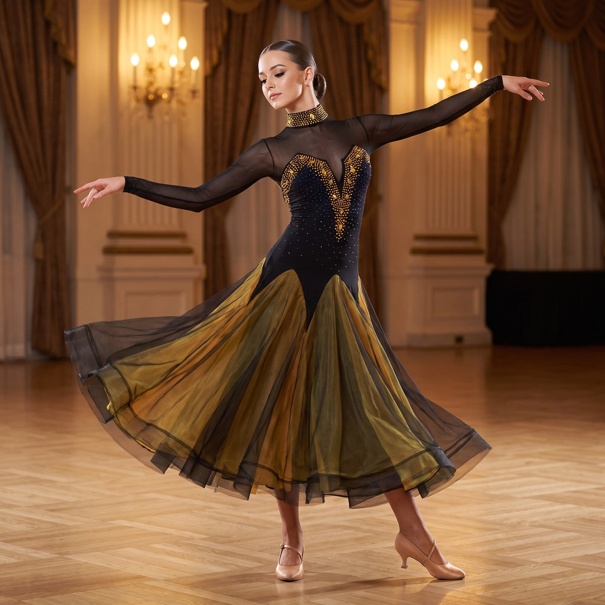 Black and olive ballroom dress with gold embroidery, a high mesh neck and panelled skirt