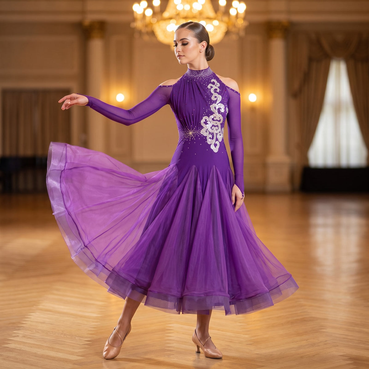 Scroll Applique Halter Ballroom Dance Dress Cold Shoulder Long Sleeve