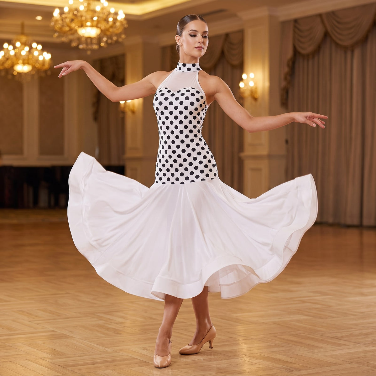 White and black polka dot halter ballroom dress with the flared skirt sweeping wide