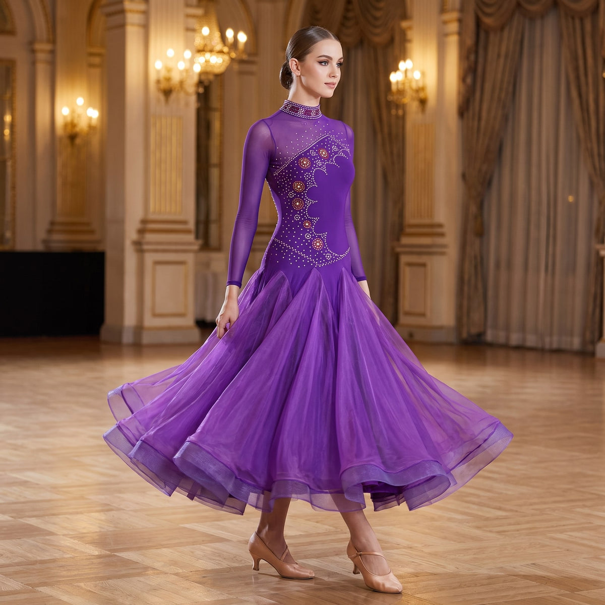 Purple Ballroom Dance Dress Scattered Rhinestone Mock Neck Long Sleeve