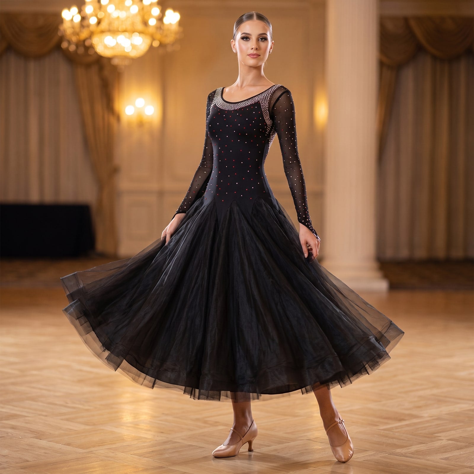 Black Ballroom Dance Dress Crystal Scoop Neck Lace-Up Open Back