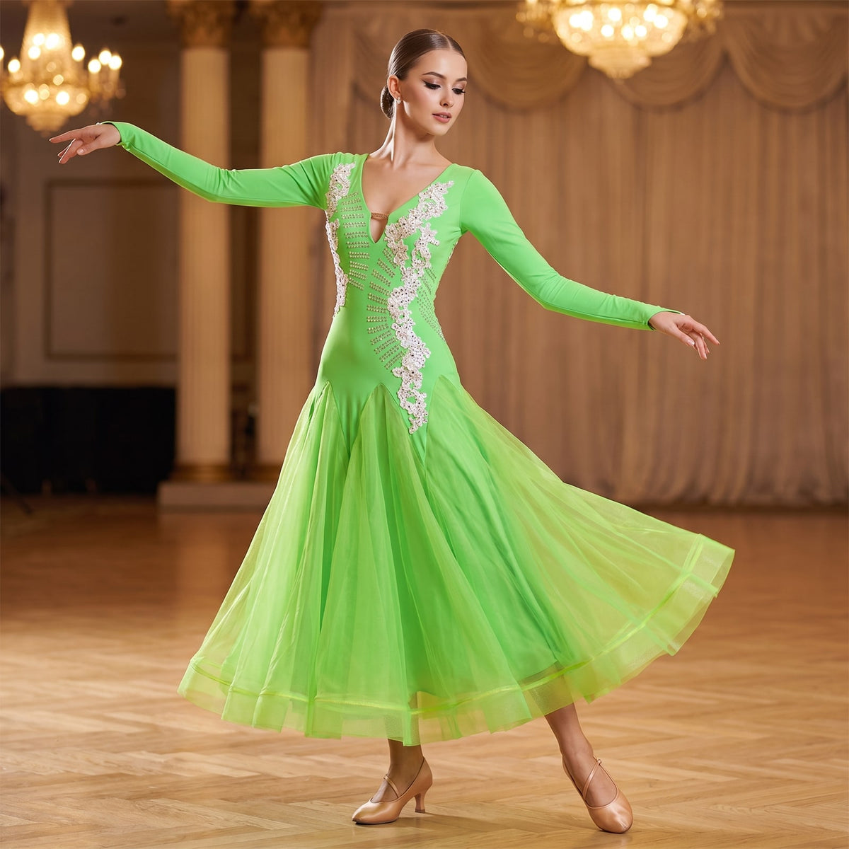 Neon green ballroom dance dress with pearl lace applique down the bodice and organza skirt