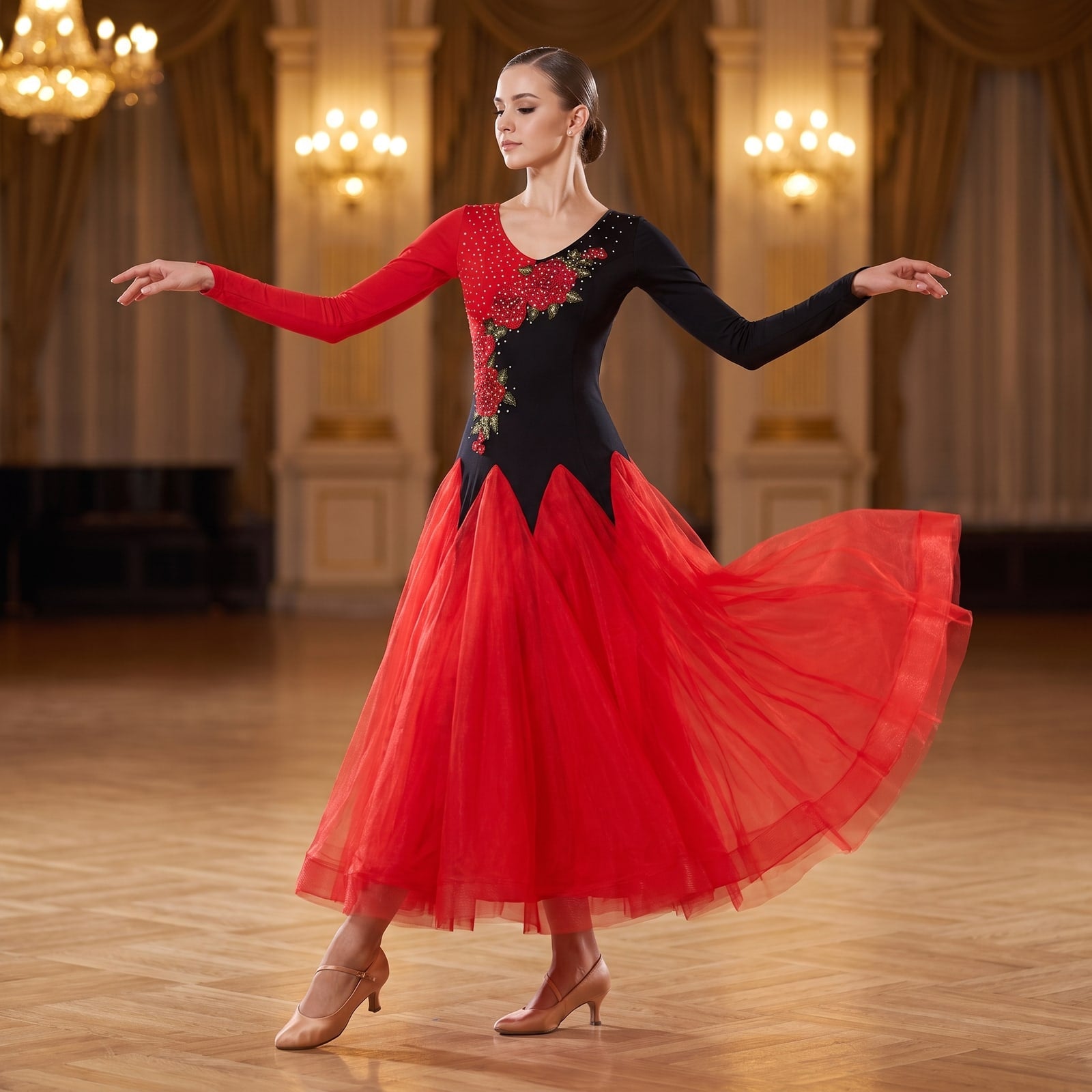 Black and red ballroom dance dress with rose embroidery over a red tulle skirt
