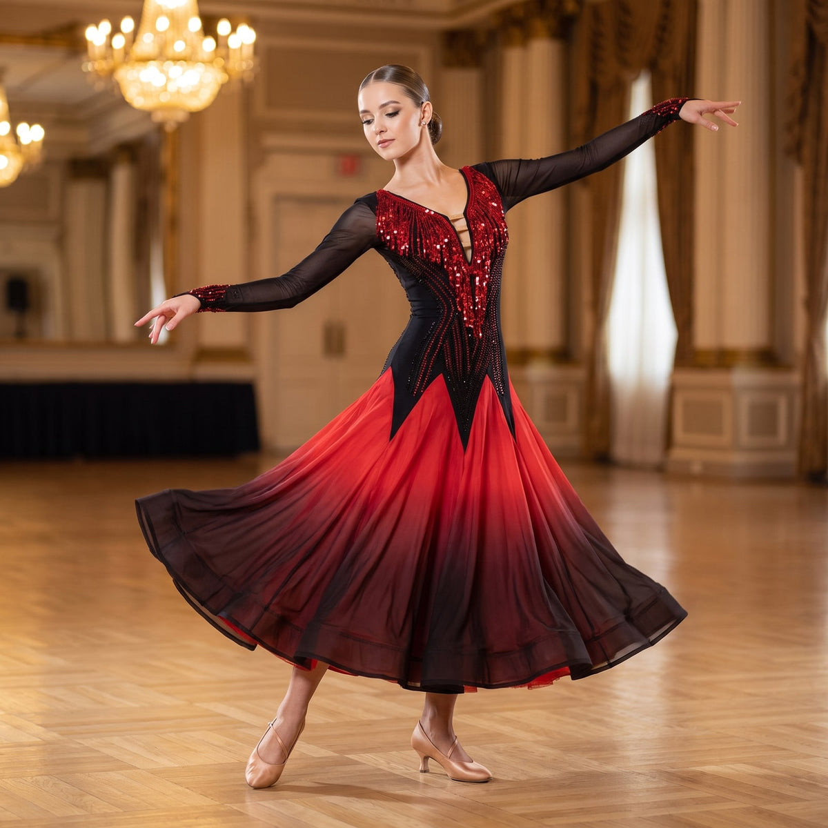 Black and red ombre ballroom dress with a sequinned bodice and pointed mesh sleeves