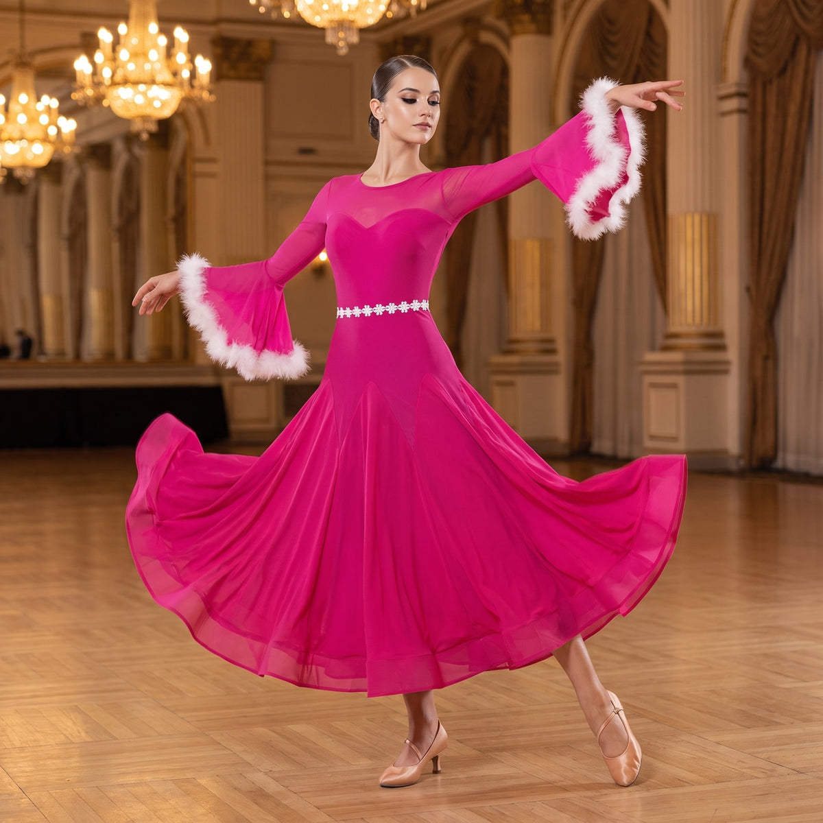 Hot pink ballroom dance dress with white feather cuffs and a rhinestone waistband