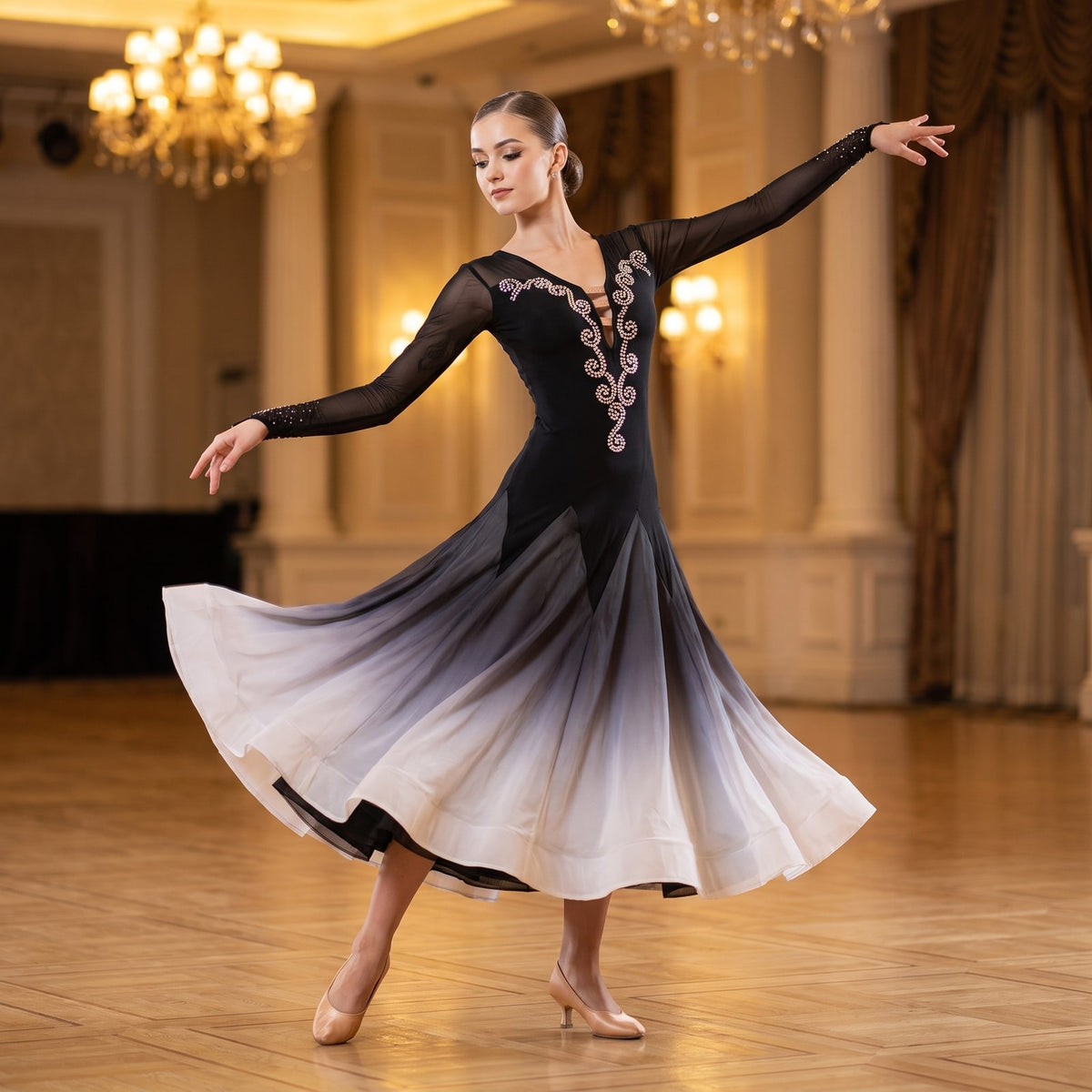 Silver Scroll Ballroom Dance Dress V Neck Mesh Sleeve Ombre Skirt