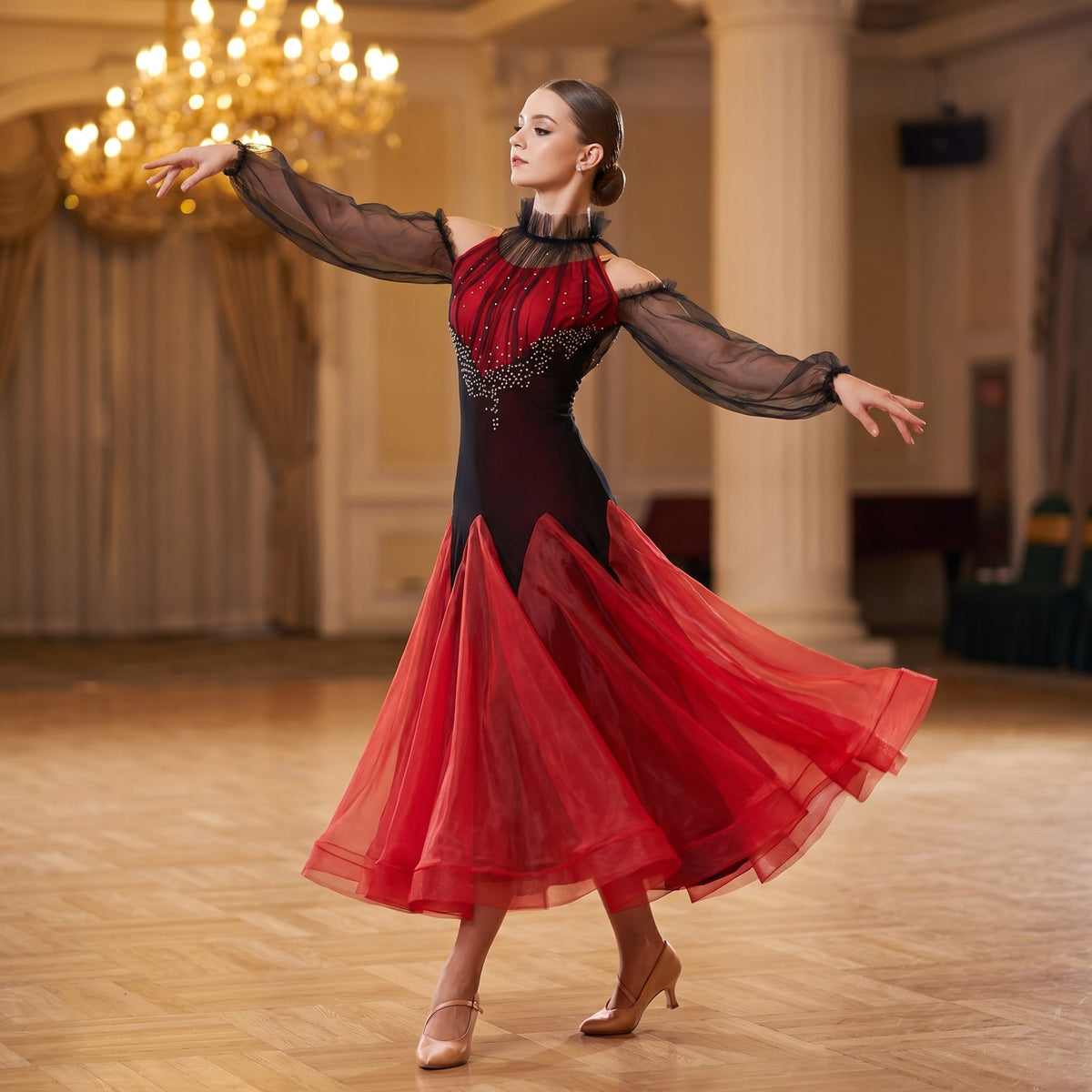 Red Pleated Yoke Ballroom Dance Dress Rhinestone Trim Tulle Skirt