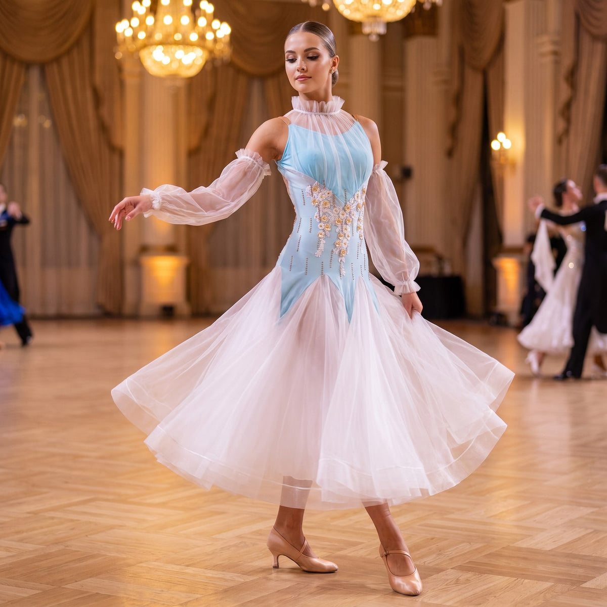 Light Blue Ballroom Dance Dress Tulle Ruffle Collar Gold Beaded Bodice