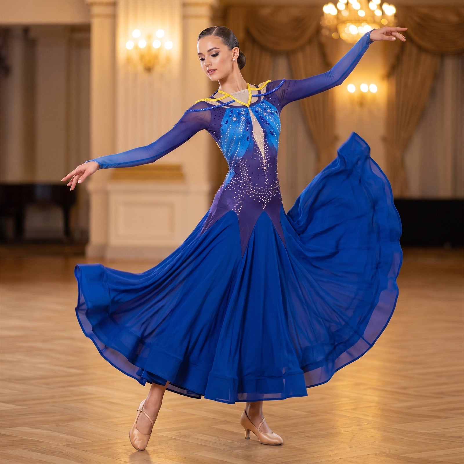 Royal Blue Ballroom Dance Dress Jewelled Shoulder Yoke Streamer Sleeve