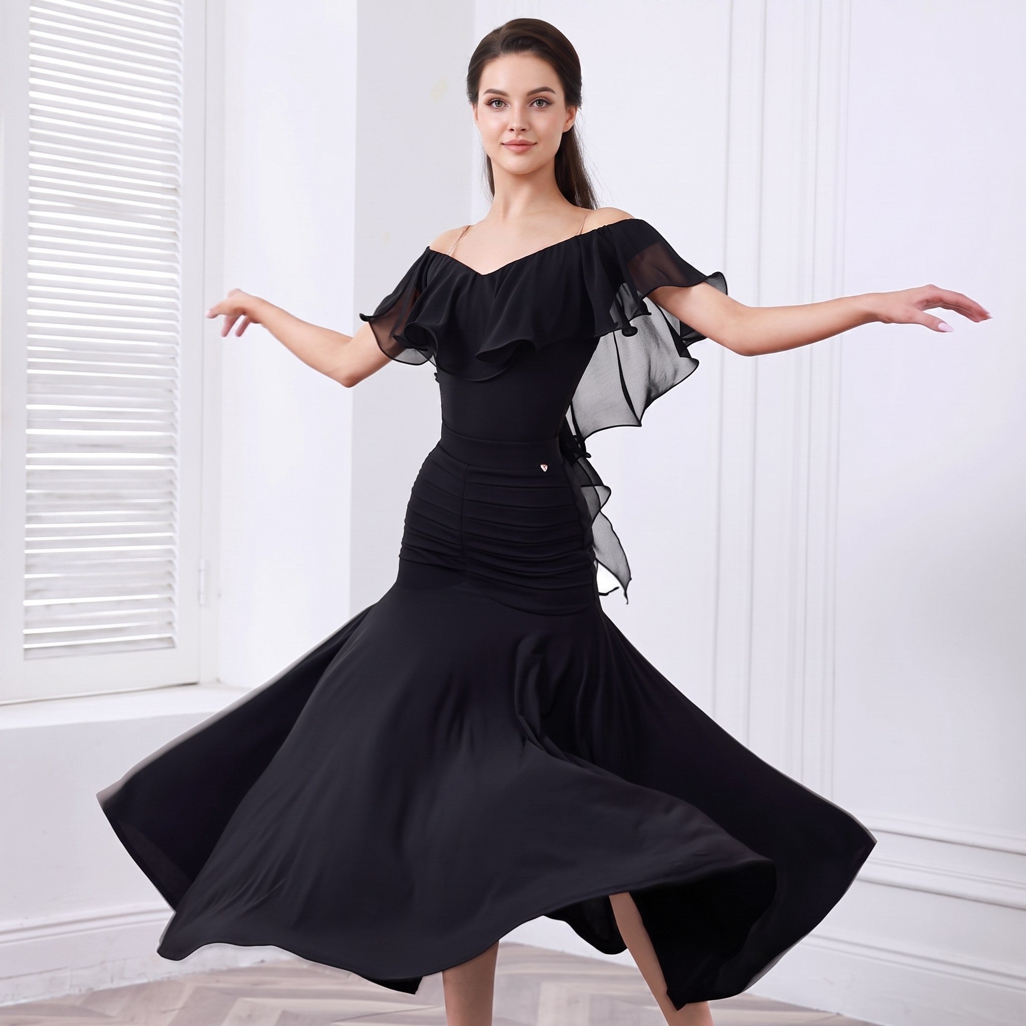 Ballroom Dance Skirt Ruched High Waist Mermaid Flare Practice Skirt, on model