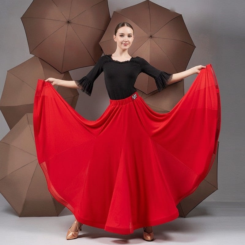 Red full circle chiffon ballroom skirt swept wide through a turn