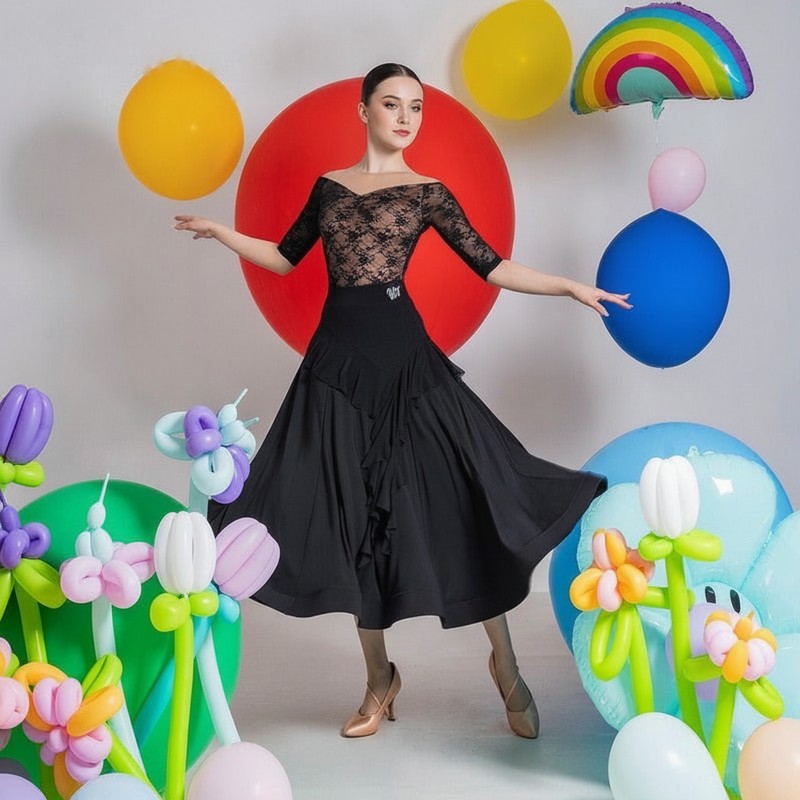 Black front ruffle cascade ballroom practice skirt swept wide through a turn