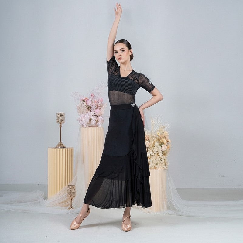 Side ruffle cascade and wrap panel of the black ballroom dance skirt