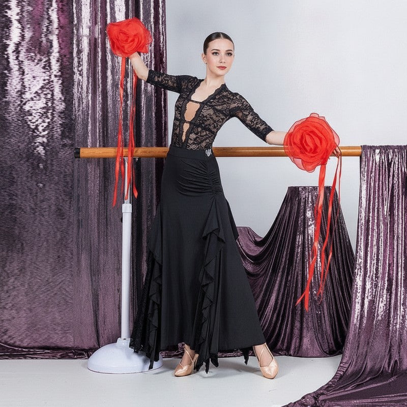 Full length black ballroom practice skirt with lace insert ruffles and pointed hem