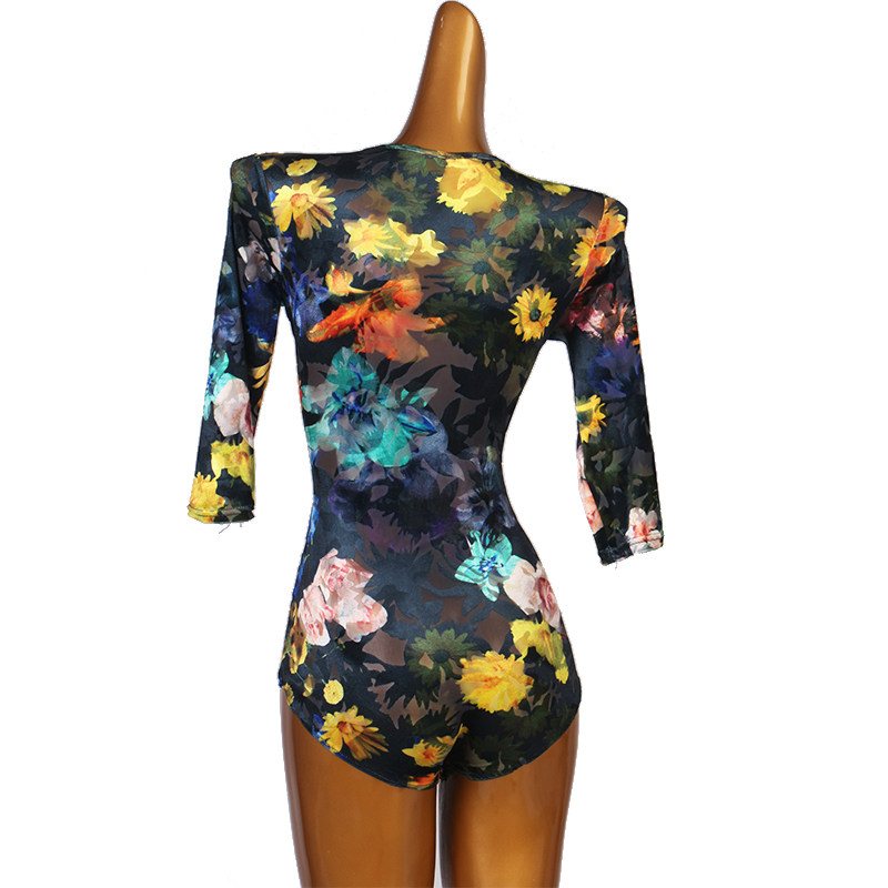 Latin Dance Leotard Floral Wrap V-Neck Dance Bodysuit in Blue Floral, back view